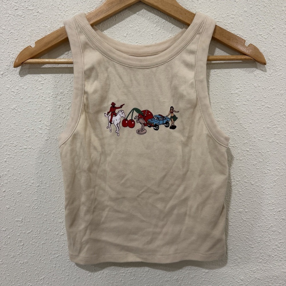 RVCA Cream Ribbed Cotton Cropped Tank Top Women's Size Small Graphic Tank